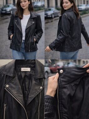 Ricki's Black Leather Biker Jacket with Quilted Shoulders